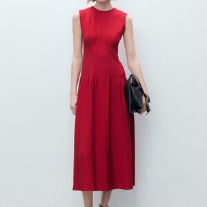 Mango Vibrant A-Line Red Dress With Pleats New With Tags